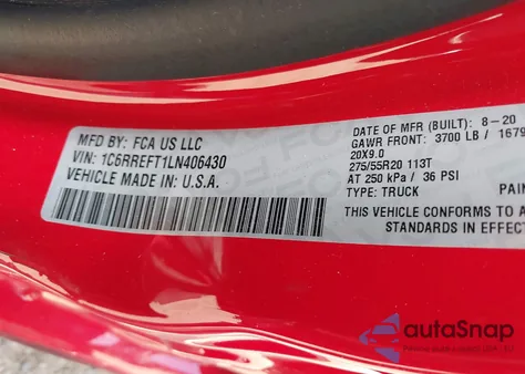 2020 Ram 1500 Lone Star 4X2 5'7 Box из США, поврежденный, VIN 1C6RREFT1LN406430